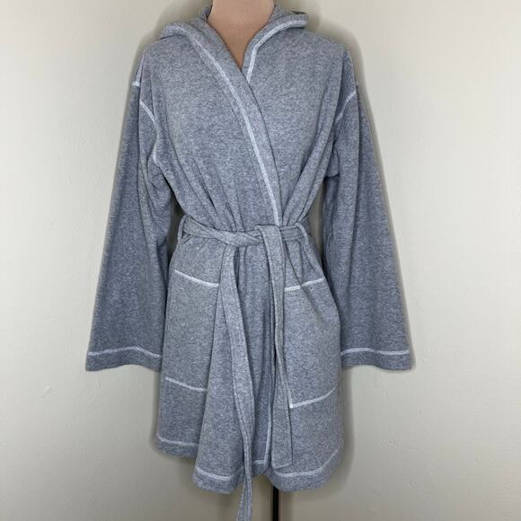 Y2K Victoria's Secret Hooded Robe XS/SM Gray Contrasting Trim Belted House Coat - Picture 3 of 10
